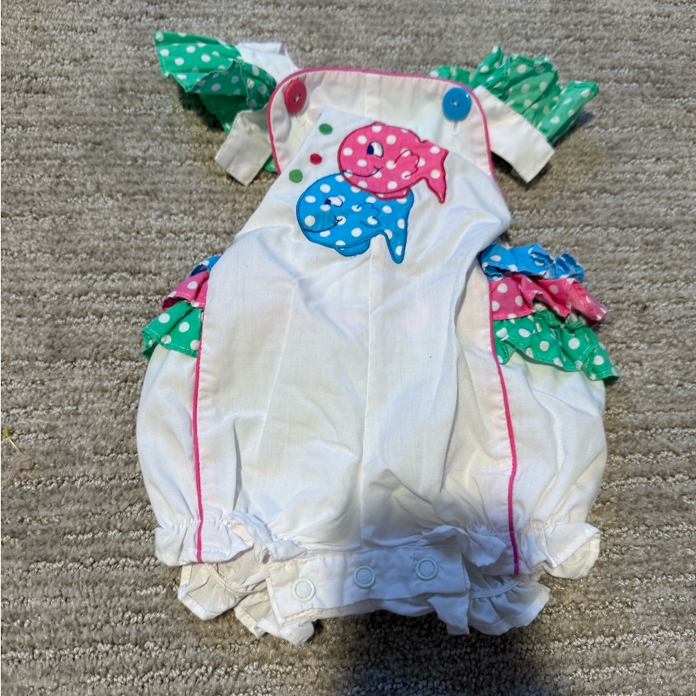 Vintage Baby Romper Polka Dot Fish Ruffle Bubble Outfit 3–6 Months